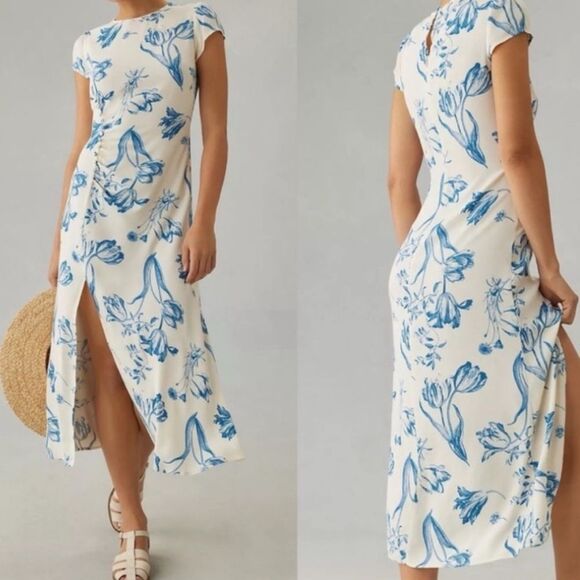 Reformation Frasier Short Sleeve Midi Dress in Lisse White Blue NEW  $248 - Picture 1 of 6